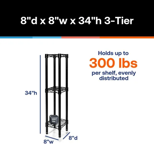Vista 2 de Shelving Inc. Estantería de alambre negro de 8 pulgadas de profundidad x 8 pulgadas de ancho x 34 pulgadas de alto con estantes de 3 niveles