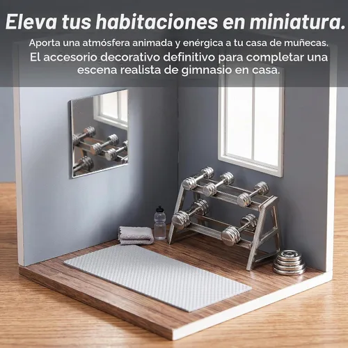Vista 8 de Veemoon Decoración de mancuernas en miniatura, 5 piezas, equipo de gimnasio para casa de muñecas, mini mancuernas de acero inoxidable, decoración a