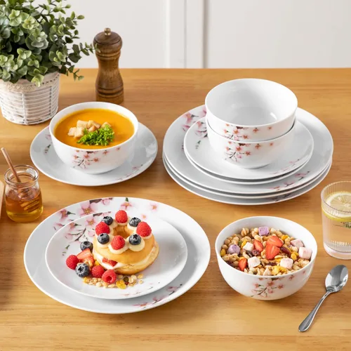 Vista 8 de VEWEET juego de vajilla de porcelana para 4, juego de 12 piezas con platos y cuencos con diseño floral rosa, juego de platos para la cocina ideal