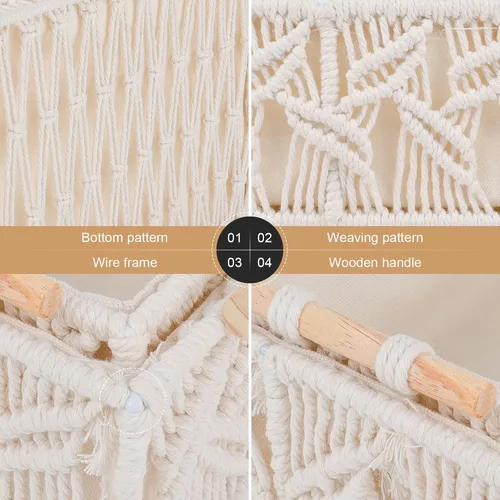 Vista 5 de ANMINY 3 cestas de almacenamiento de macramé para organizar cestas de decoración bohemia, cestas de almacenamiento con asas de madera, cajas