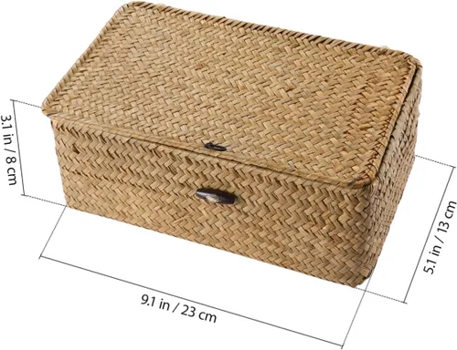 Vista 2 de IMIKEYA Caja de almacenamiento tejida de mimbre con tapa, cesta de pastos marinos, caja tejida a mano para el hogar, oficina, organizador de estantes