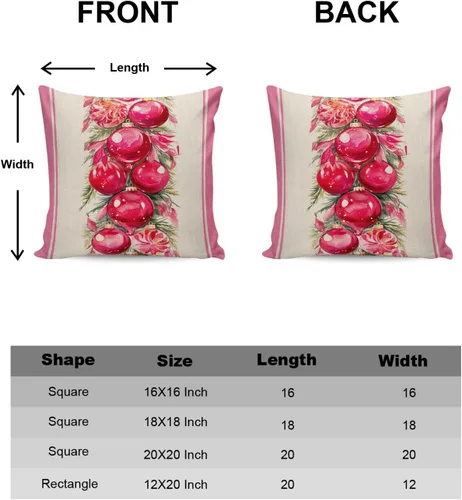 Vista 6 de Paquete de 2 fundas de almohada de algodón, diseño de bolas rosas de Feliz Navidad, cuadradas, suaves, decorativas, para sala de estar, dormitorio