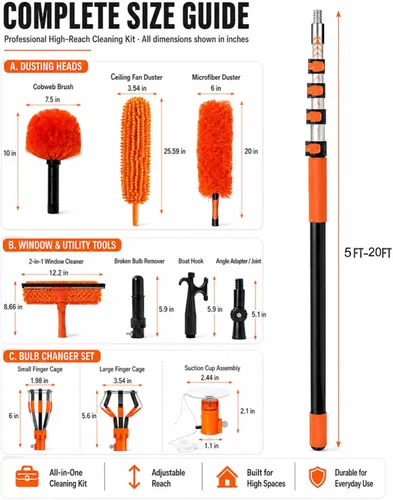 Vista 6 de Cambiador de bombilla de 26 pies para techos altos con poste de extensión telescópico Naranja