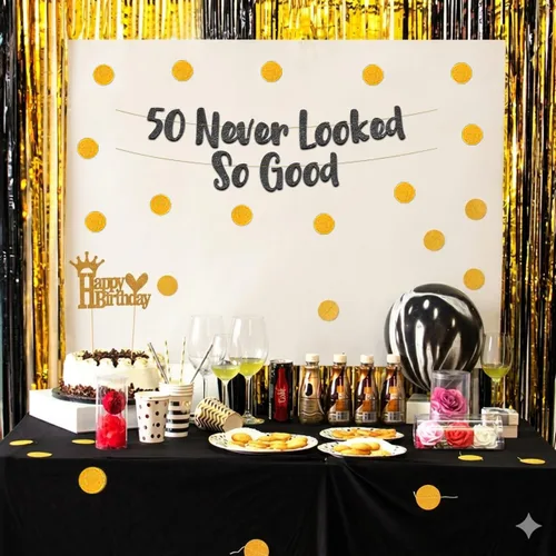 Vista 6 de Cartel negro con purpurina preencordada de 50 «Never Looked So Good» – Decoraciones de 50 cumpleaños y aniversario para hombres y mujeres