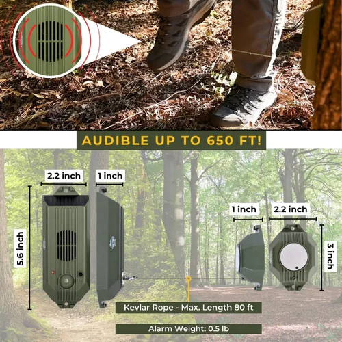 Vista 6 de Alarma perimetral de cable Tactiko Wire Trip 2.0, 129 dB recargable – Alambre de Kevlar de 24.4m, solar/USB, resistente a la intemperie, disuasorio
