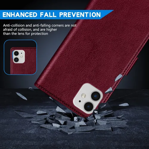 Vista 7 de ZZXX Funda tipo cartera para iPhone 11 con bloqueo RFID, ranura para tarjetas, función atril, cierre magnético, funda protectora de cuero para Rojo
