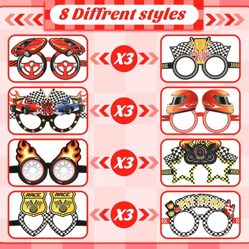 Vista 3 de Eersida 24 lentes de sol de carreras con temática de autos de carreras, accesorios para fotos, suministros y recuerdos para fiestas de carreras