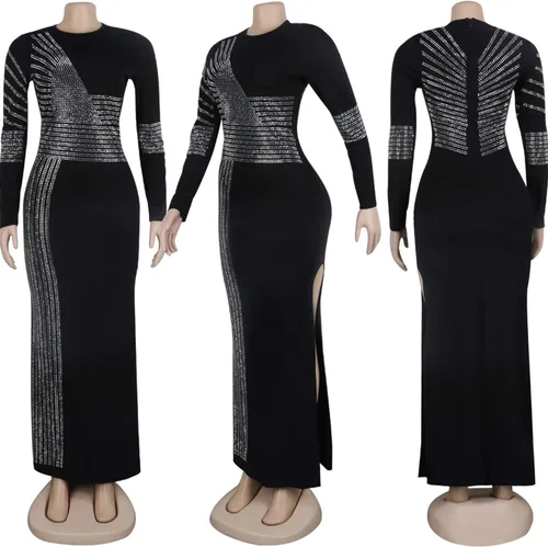 Vista 4 de Vestidos de noche de cumpleaños sexy para mujer, con pedrería brillante y mangas largas ideal para club nocturno y fiesta