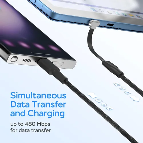 Vista 4 de Cable de carga USB C, paquete de 2 cables de carga tipo C de 1 pie y 60 W, puerto C plano de 90 grados, transferencia de datos de alta velocidad
