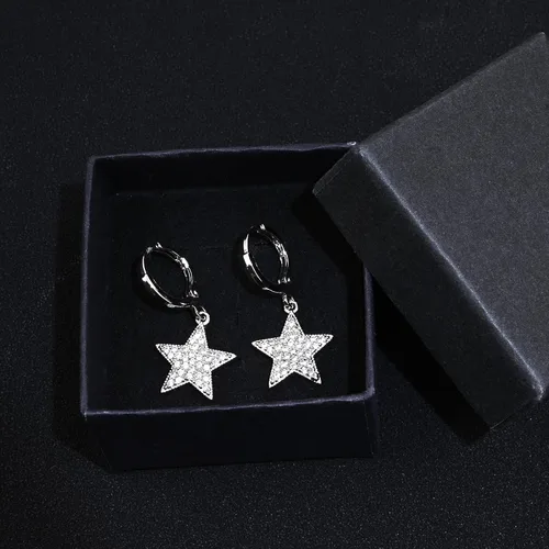 Vista 7 de Aretes colgantes de aro con diamantes de imitación de estrella de plata de ley 925/oro para mujeres