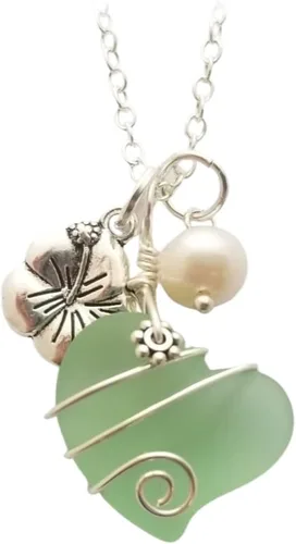 Vista 7 de Collar de cristal de mar hecho a mano, collar de corazón de alambre, collar de abalorios y perlas, joyería de cristal de mar, regalo de cumpleaños