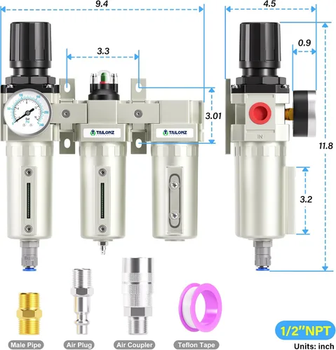 Vista 2 de TAILONZ PNEUMATIC 0-240PSI Sistema de secado de aire industrial de tres etapas grado NPT de 1/2 pulgada, filtro de partículas, filtro coalescente