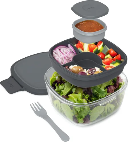 Vista 14 de Bentgo Recipiente de Ensalada de Vidrio Todo en Uno - Ensaladera Grande de 61 oz con Tapa, Bandeja Estilo Bento de 4 Compartimentos, Recipiente