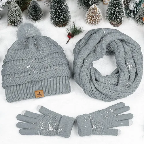 Vista 8 de Winter Beanie Hat Scarf Gloves Set, Soft Fleece Knit Hat Warm Touchscreen Gloves Neck Warmer Thick Scarves Gifts for Women