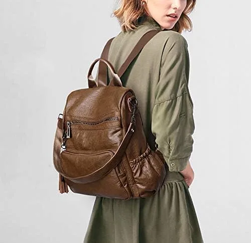 Vista 2 de UTO Mochila de cuero vegano para mujer, diseño de moda, convertible con borla, para viajes, con borla