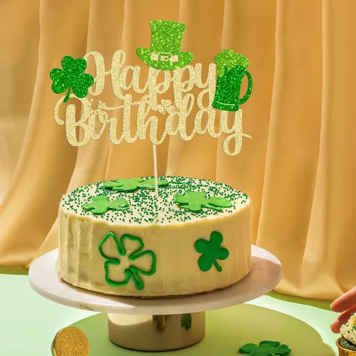Vista 5 de Gyufise 1 decoración para pastel del día de San Patricio, trébol verde con purpurina de cuatro hojas, decoración de pastel de cumpleaños, decoración