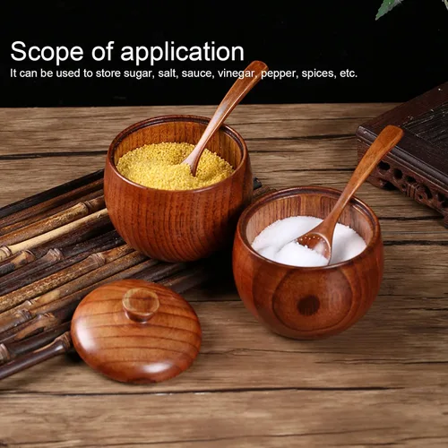 Vista 4 de Paquete de 2 tarros de condimentos japoneses, tarros de especias de madera maciza con tapa y cuchara, contenedor de madera de azufaifo, madera