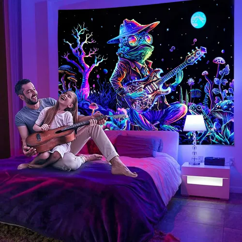 Vista 2 de Galoker - Tapiz de luz negra con rana, tapiz de hongos neón de fantasía, tapiz de plantas florales reactivas a los rayos UV, tapiz de pared