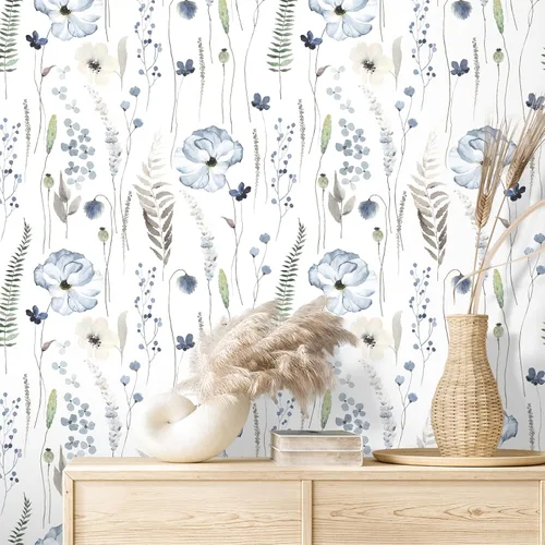 Vista 5 de VEELIKE Papel tapiz floral azul de acuarela para despegar y pegar, papel tapiz botánico de helecho bohemio para dormitorio, baño, guardería, 17.7 x