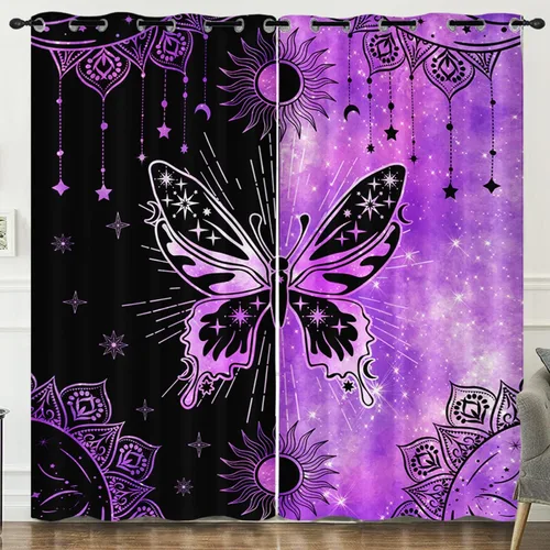 Vista 13 de HOSIMA Cortinas mágicas de hongos 2 paneles, cortinas de mariposa floral con mandala para sala de estar, decoración de habitación de moda para niñas