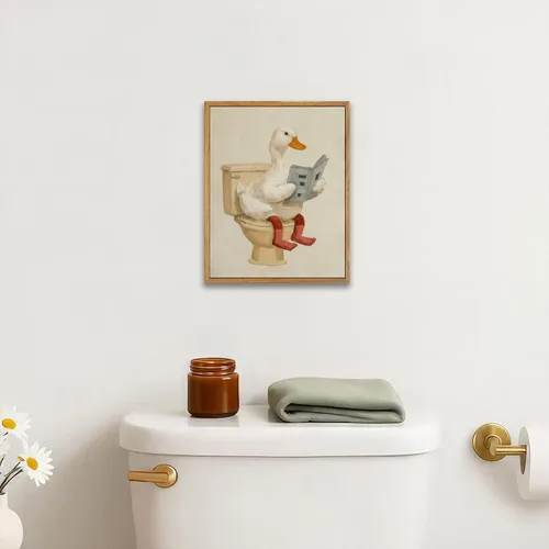 Vista 3 de AtterrirArt Divertido arte de pared enmarcado para baño, 8 x 10 pulgadas, lindo pato en el inodoro, lectura de periódico, decoración de pared
