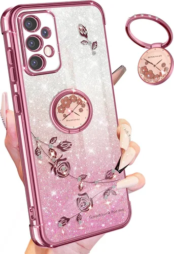 Vista 7 de Funda 3 en 1 para teléfono Samsung Galaxy A03S con purpurina brillante para mujeres y niñas, cubierta brillante con bonito diseño floral de flores