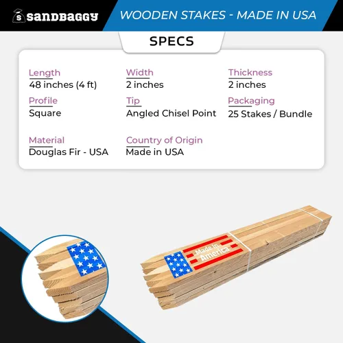 Vista 2 de Sandbaggy Estacas de madera de 48 pulgadas, fabricadas en los Estados Unidos, 2 pulgadas de grosor, resistentes para construcción, jardinería
