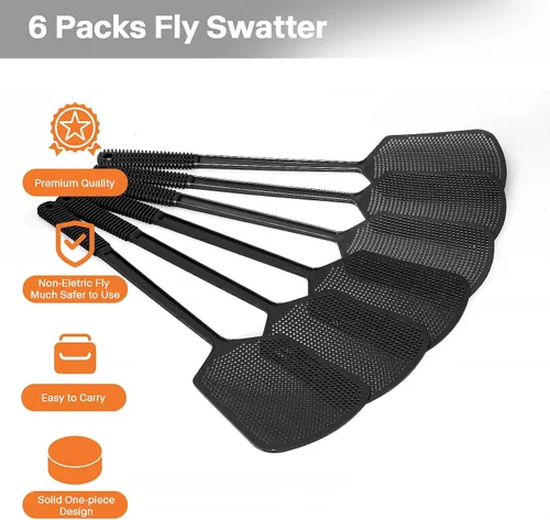Vista 3 de Fly Swatters-Begonia - Matamoscas gruesos flexibles y resistentes con pala más grande, color negro, paquete de 6