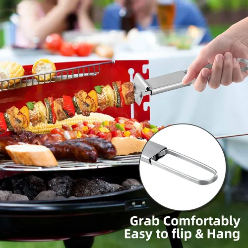 Vista 7 de Brochetas para Asar - Brochetas de 33 cm con Barra de Empuje de Doble Punta Antideslizante de Metal para Kabobs, Brocheta de Acero Inoxidable