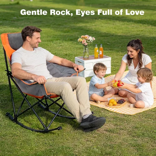 Vista 6 de SUNNYFEEL Silla Mecedora de Camping, Reclinable Acolchada de Lujo, Silla Plegable de Jardín de Gran Tamaño con Bolsillo, Resistente para Naranja