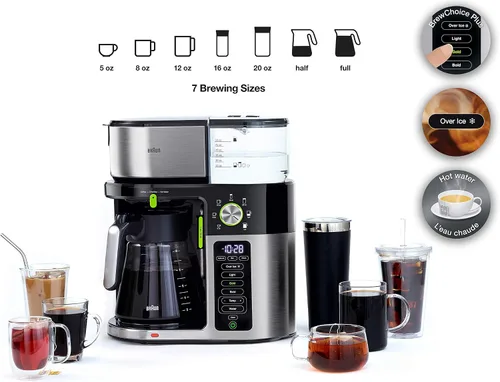 Vista 3 de Braun Cafetera multiservicio de 7 tamaños programables de preparación / 3 fortalezas + café helado y agua caliente para té, jarra de vidrio
