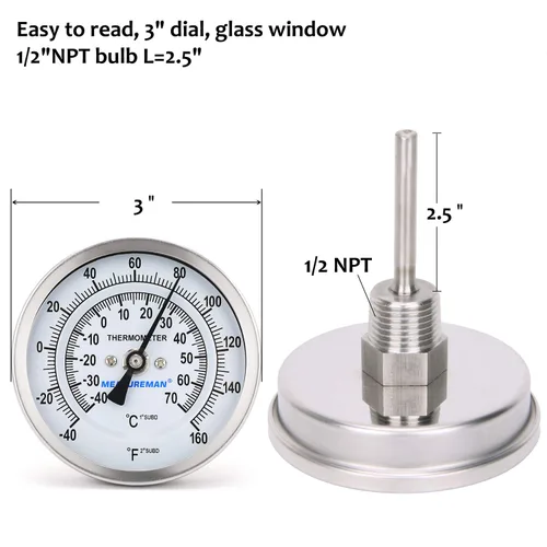 Vista 6 de MEASUREMAN Olla Completamente de Acero Inoxidable, Hervidor, Termómetro de Dial Bimetálico para Elaboración, Dial de 3 Pulgadas, Vástago de 2-1/2