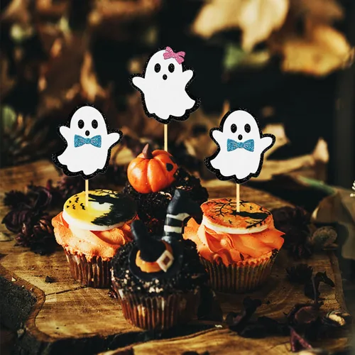 Vista 5 de 24 piezas de adornos de Halloween para cupcakes fantasmas, palillos de revelación de género para niños y niñas, adornos para tartas rosas y azules