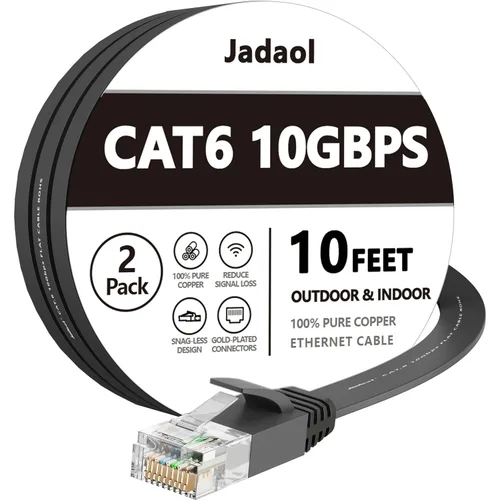 Vista 45 de Cable Ethernet Cat 6 de 1 pie (paquete de 6), para exteriores e interiores, compatible con red Cat7 de 10 Gbps, cable de conexión LAN plano