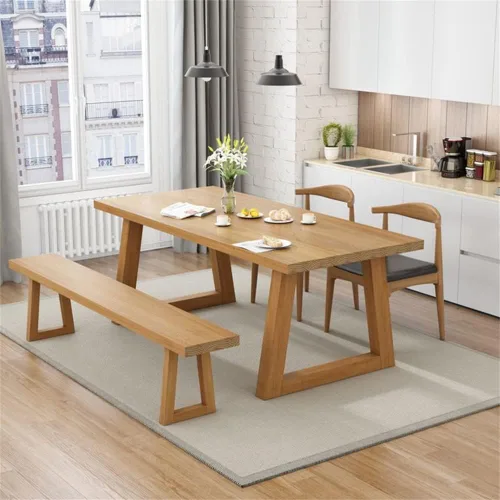 Vista 7 de LAKIQ Moderno juego de mesa de comedor de madera maciza con 4 sillas, mesa de comedor rectangular contemporánea para 4 mesas de conferencias