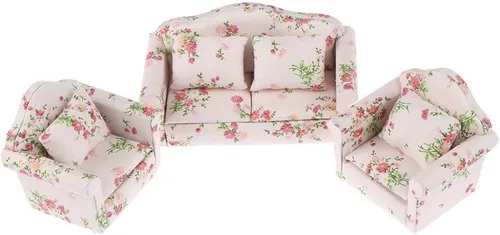 Vista 2 de Juego de muebles para casa de muñecas, 3 piezas, 1:12, casa de muñecas en miniatura, cojines de madera para sofá, sillón, kit de almohada, muebles
