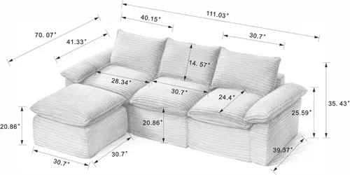 Vista 2 de Sofás modulares de 113.03 pulgadas para sala de estar, sofá modular moderno con sofás en forma de L, sofá tapizado de pana sin hueso, asiento Negro