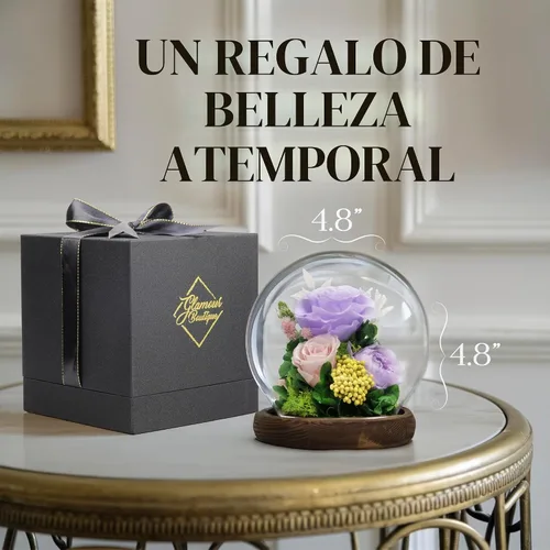 Vista 4 de GLAMOUR BOUTIQUE Mini flor preservada para árbol de Navidad en cúpula de cristal con luz, decoración de mesa de Navidad Flowers Forever de larga