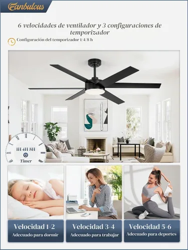 Vista 3 de Fanbulous Ventiladores de techo de 56 pulgadas con luces y control remoto, 6 aspas reversibles, regulables, 3000K-6000K ajustables, ventiladores