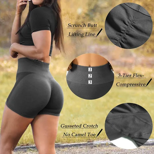 Vista 4 de SZKANI Pantalones cortos de entrenamiento con levantamiento de glúteos para mujer, sin costuras, para gimnasio, cintura alta, pantalones cortos