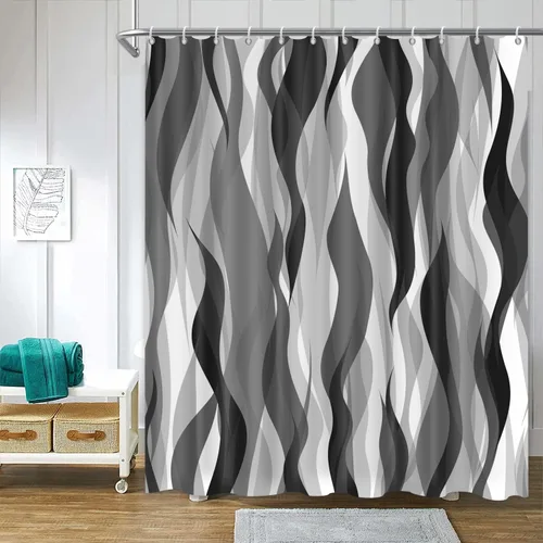 Vista 11 de Cortina de ducha moderna de rayas abstractas negras, blancas y grises, cortina de ducha para decoración de baño geométrica, impermeable, decorativa