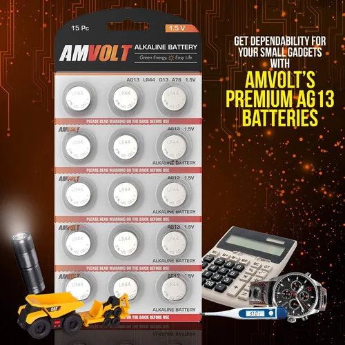 Vista 2 de AmVolt- Pack of 15 LR44 Batteries AG13 SR44 357 303 Premium Alkaline Non Rechargeable Button Battery, 1.5 Volt Small Batteries for Watches Clocks &
