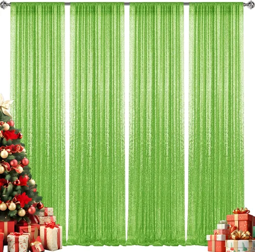 Vista 40 de 2 paneles de cortinas de fondo de lentejuelas verdes de 8 pies, cortinas de fondo de fotografía con purpurina para decoración de Navidad, boda