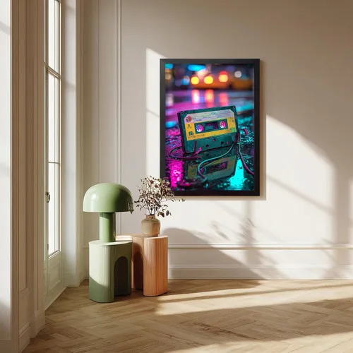Vista 9 de Cinta de casete de audio retro y arte en lienzo de Walkman, fotografía de neón de la nostalgia musical de los años 80, decoración de pared