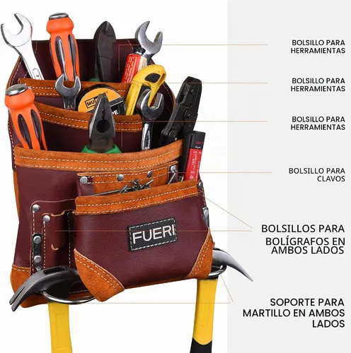 Vista 3 de Bolsa profesional de 10 bolsillos para herramientas de carpintero Cuero de grano premium resistente, soporte de marco ajustable de refuerzo