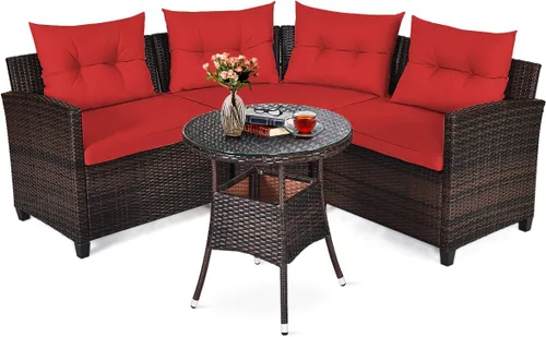Vista 10 de Tangkula - Juego de muebles de patio de 4 piezas en forma de C de mimbre para exteriores, con cojines y mesa de centro con cubierta de cristal