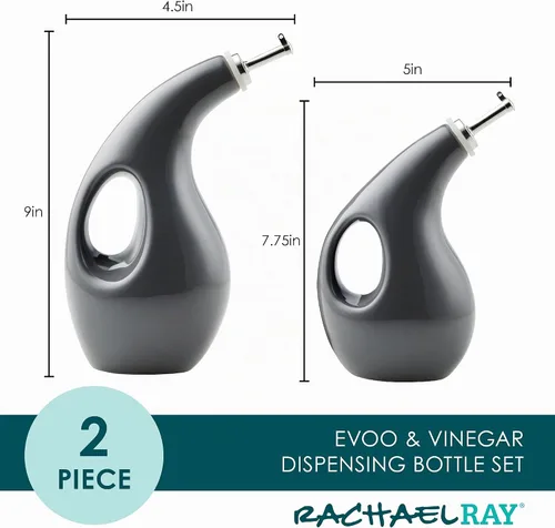 Vista 2 de Rachael Ray Serveware Botella dispensadora de aceite y vinagre de cerámica EVOO, juego de 2 piezas, color gris