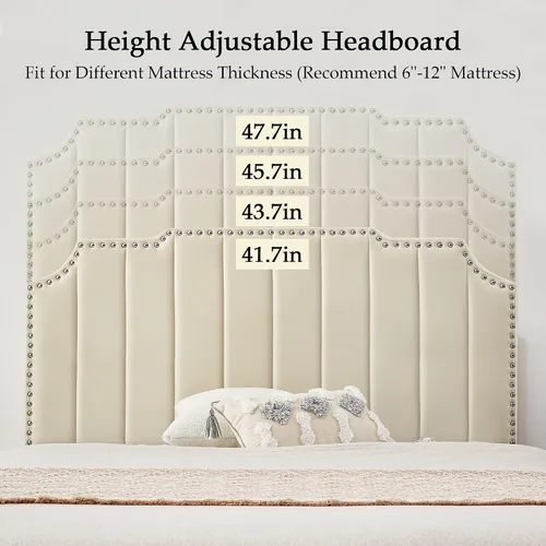 Vista 5 de VECELO Base de cama tamaño Queen tapizada con cabecera ajustable copetuda/base de colchón con soporte de listones de madera, fácil montaje, beige