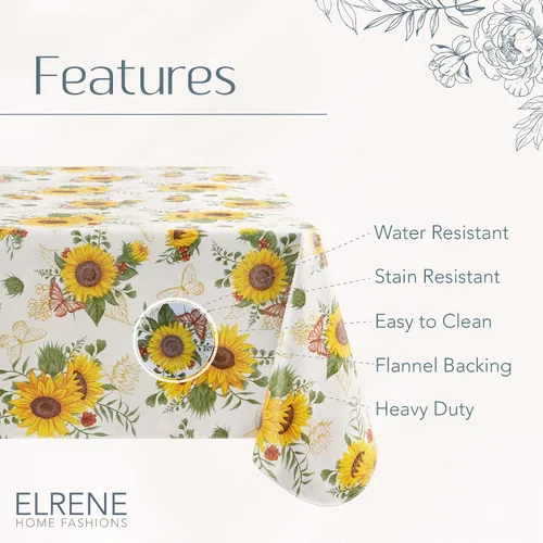Vista 4 de Elrene Home Fashions - Mantel vintage floral de girasol resistente al agua y a las manchas con respaldo de franela, 52 pulgadas X 52 pulgadas