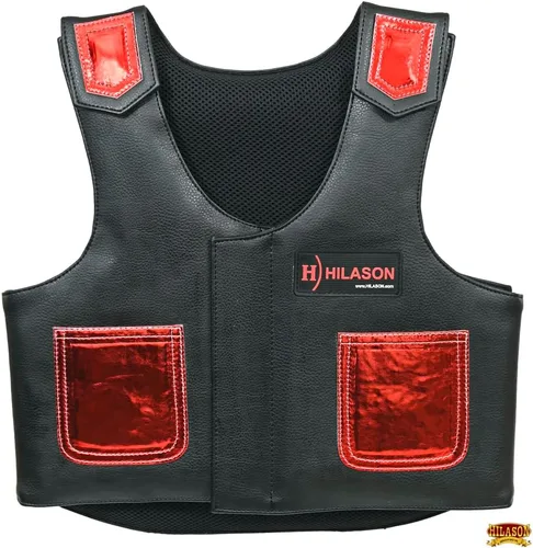 Vista 6 de HILASON Chaleco protector de cuero para equitación de toro juvenil, Chaparreras cortas para montar en toro negro con púrpura Chaparreras
